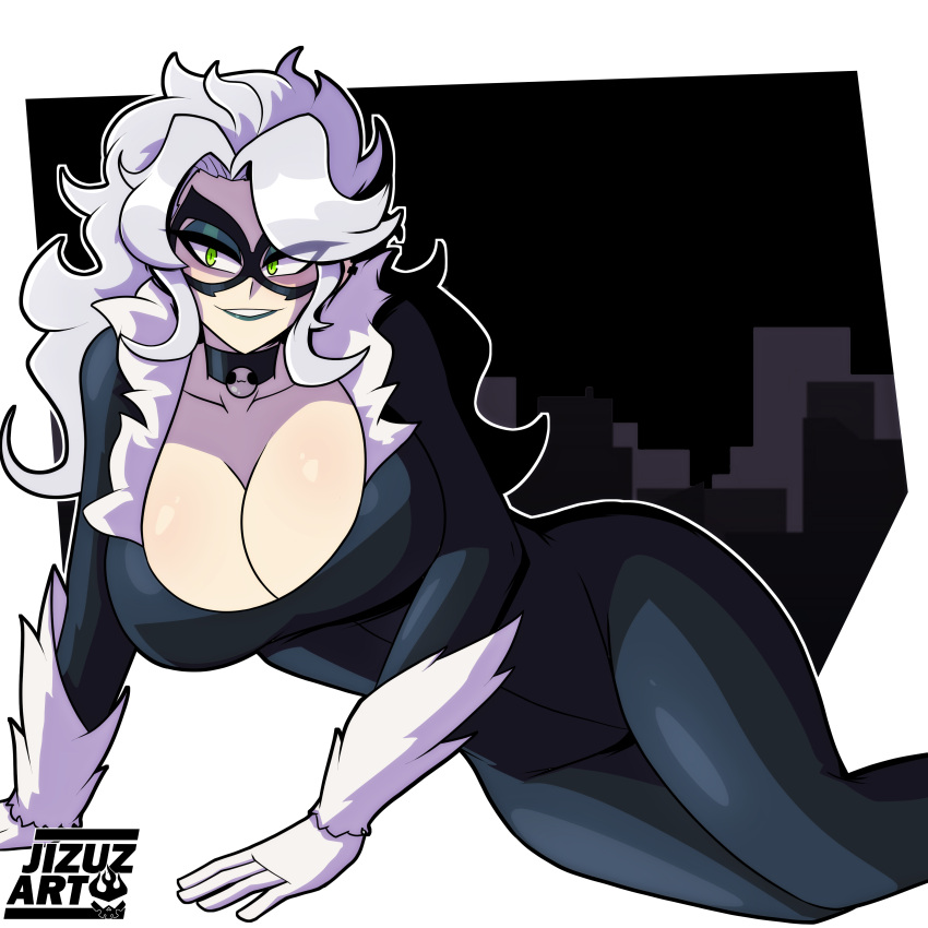 1girls big_breasts black_cat_(marvel) felicia_hardy female female_only green_eyes jizuz latex light-skinned_female light_skin lipstick marvel mask necklace solo spider-man_(series) white_background white_hair