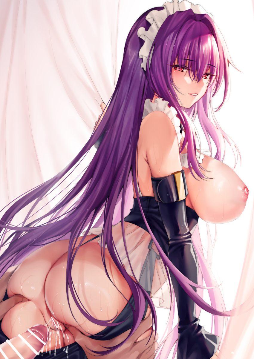 1boy after_sex ass blush censor_bar censored_penis cum cum_in_pussy detached_sleeves fate/grand_order fate_(series) female long_hair looking_at_viewer maid_headdress moehime obiwan penis purple_hair scathach_(fate) sweat xin_(moehime)