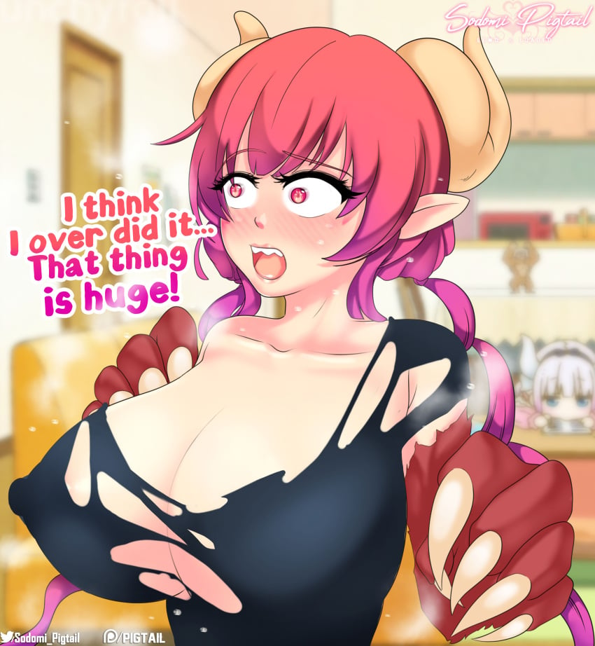 2girls absurd_res artist_name blurry_background blush blush_lines claws collarbone dragon_girl dragon_horns english_text eyebrows_visible_through_hair gradient_hair huge_breasts ilulu_(dragon_maid) kanna_kamui microwave miss_kobayashi's_dragon_maid open_mouth patreon_logo patreon_username pointy_ears sharp_teeth sodomi_pigtail sofa statuette text tongue torn_clothes torn_t-shirt twitter_logo twitter_username upper_teeth very_long_hair