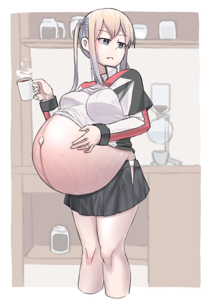 blonde_hair clothing coffee_mug exposed_belly eye_bags female female_only garylin graf_zeppelin_(kantai_collection) grey_eyes hand_on_belly huge_belly kantai_collection long_hair outie_navel popped_navel pregnant ready_to_pop shirt_up skirt solo stretch_marks twintails wedding_ring