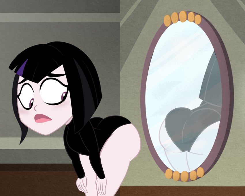 1girls 2021 alternate_ass_size ass big_ass dc dc_comics dc_super_hero_girls edited_screencap embarrassed female hair_streak leotard mirror mooning pale_skin rachel_roth_(shg) raven_(dc) reflection sb99 scobionicle99 source_request straight_hair teen_titans