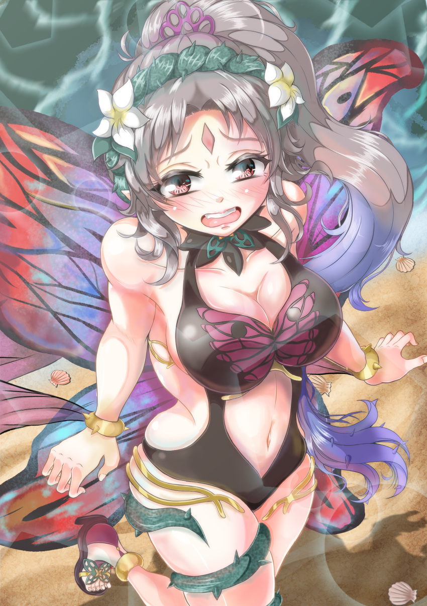 1girls alternate_costume bare_midriff beach black_swimsuit cleavage collarbone fairy fairy_wings fire_emblem fire_emblem_heroes flower from_above grey_hair hair_flower looking_at_viewer multicolored_hair nervous nintendo ocean one-piece_swimsuit open_mouth plumeria_(fire_emblem) plumeria_(summer)_(fire_emblem) pointy_ears ponytail red_eyes sandals solo solo_female swimsuit very_long_hair violet_migu18 white_flower wings