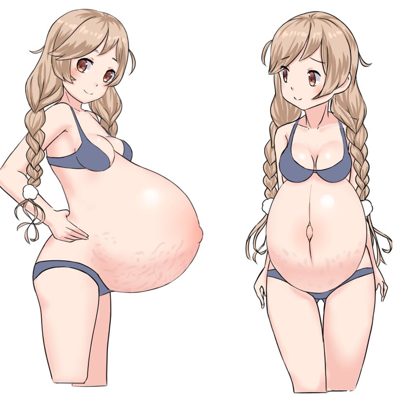 1girls ass_visible_through_thighs big_belly blue_bra blue_panties bra braided_hair braids brown_eyes brown_hair clothing female female_only frontbelly garylin hand_on_hip huge_belly kantai_collection long_hair looking_at_viewer matching_underwear minegumo_(kantai_collection) outie_navel panties popped_navel pregnant ready_to_pop sidebelly small_breasts smile solo stretch_marks thigh_gap twin_braids