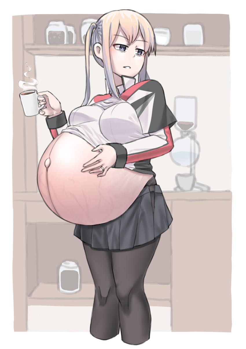 blonde_hair clothing coffee coffee_mug exposed_belly eye_bags female female_only garylin graf_zeppelin_(kantai_collection) grey_eyes hand_on_belly huge_belly kantai_collection long_hair outie_navel popped_navel pregnant ready_to_pop shirt_up skirt solo stockings stretch_marks twintails wedding_ring