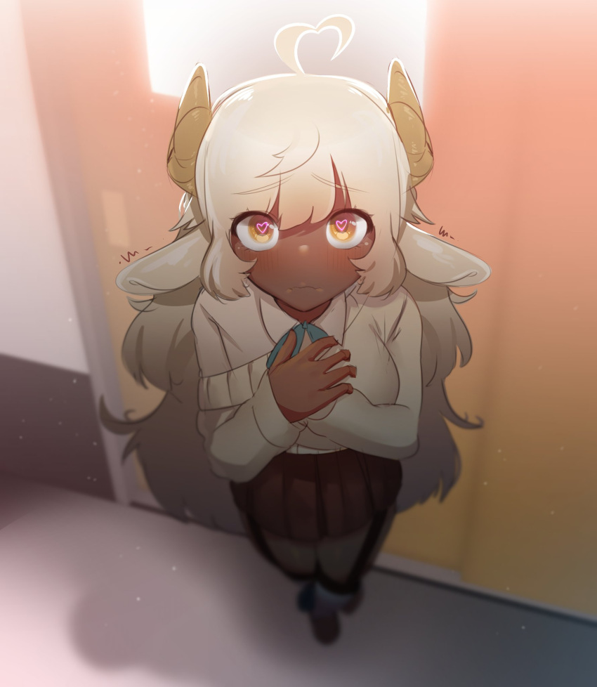 1girls ahoge animal_ears blush dark-skinned_female dark_skin female female_only hands_on_own_chest heart-shaped_pupils heart_ahoge hi_res horns humanoid lewdishsnail long_hair looking_at_viewer orange_eyes pov pov_eye_contact school_uniform schoolgirl sheep sheep_ears sheep_girl sheep_horns solo solo_female vanilla_(maybelle) white_hair