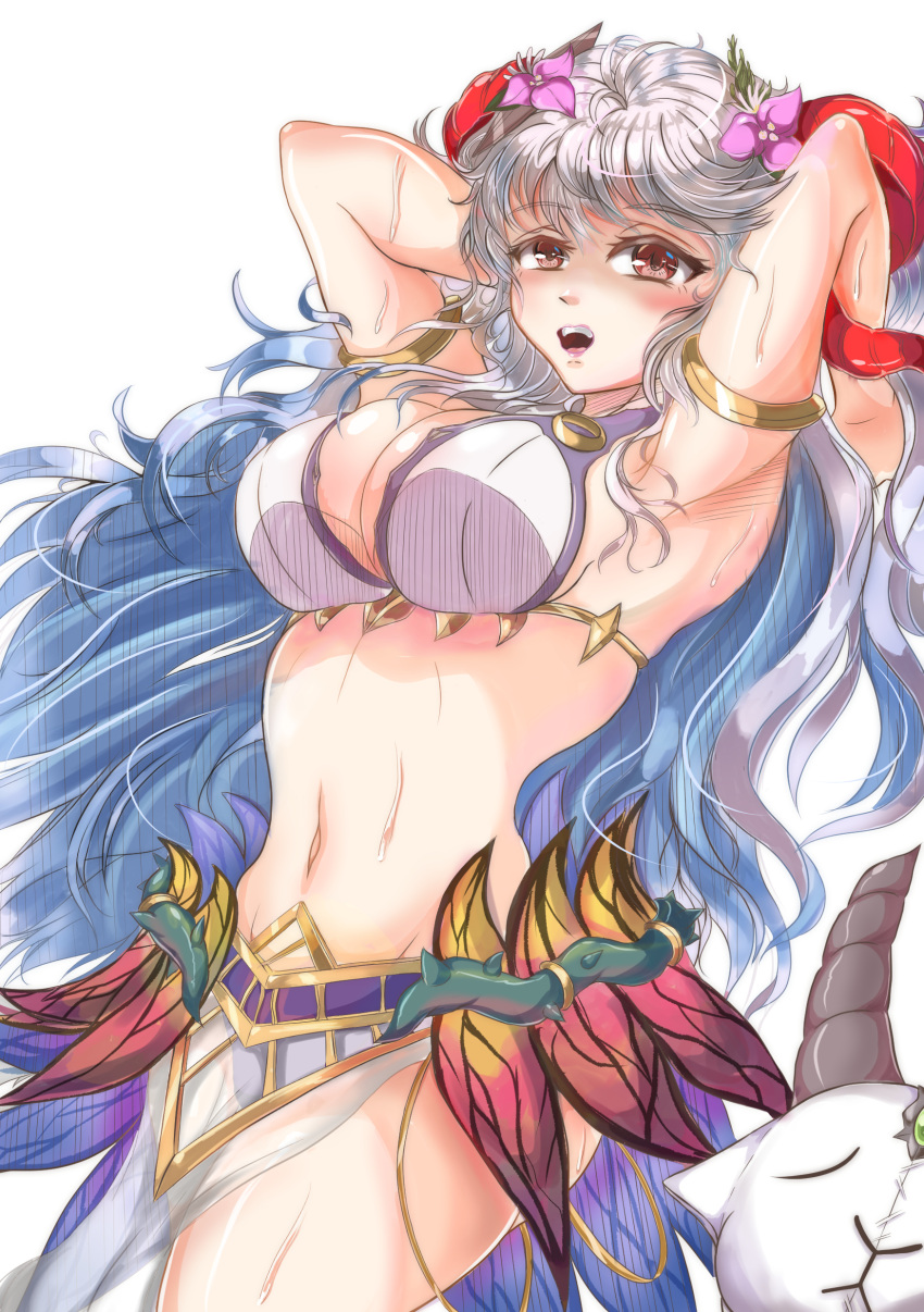 1girls alternate_costume armpits arms_behind_head bare_thighs bikini blue_hair cleavage colored_inner_hair fire_emblem fire_emblem_heroes flower freyja_(fire_emblem) freyja_(summer)_(fire_emblem) goat grey_hair hair_flower horns large_breasts multicolored_hair nintendo open_mouth open_smile pelvic_curtain pink_flower plushie red_eyes red_horns sexy_armpits smile solo solo_female sweat swimsuit very_long_hair violet_migu18 wet white_background white_bikini white_swimsuit