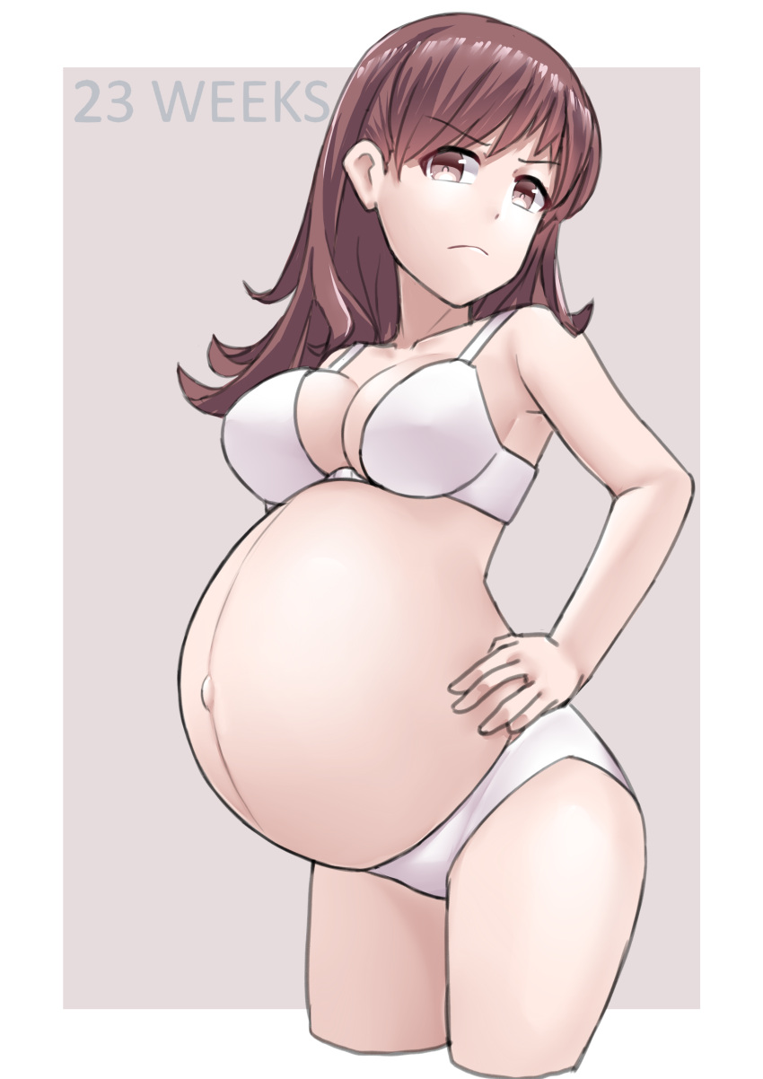 1girls annoyed big_belly bra brown_eyes brown_hair cleavage clothing cowboy_shot exposed_belly female female_only frown garylin hand_on_hip huge_belly kantai_collection long_hair looking_at_viewer matching_underwear ooi_(kantai_collection) outie_navel panties popped_navel pregnancy_progression pregnant ready_to_pop solo underwear_only upset white_bra white_panties