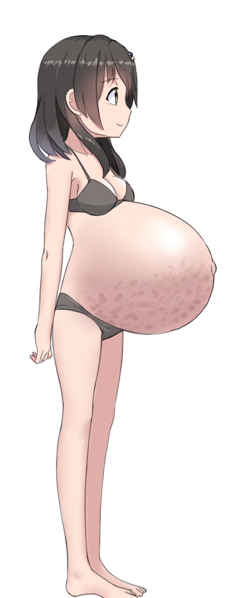 1girls barefoot big_belly black_bra black_hair black_panties bra clothing exposed_belly female female_only full_body garylin green_eyes huge_belly kantai_collection long_hair matching_underwear medium_hair outie_navel oyashio_(kantai_collection) panties popped_navel pregnant profile ready_to_pop sidebelly solo standing stretch_marks