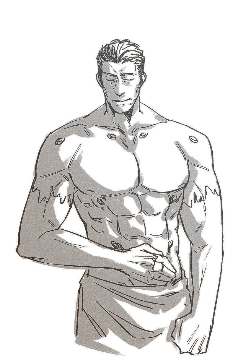 1boy bara bara_tiddies bara_tits black_and_white black_carapace closed_eyes ferrus_manus imperium_of_man iron_hands male_focus muscular muscular_male nipples primarch slicked_back_hair solo_male towel towel_around_waist warhammer_(franchise) warhammer_40k 柒号垃圾桶