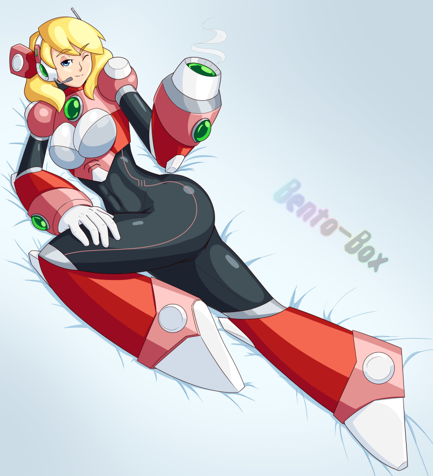 alia arm_cannon bento_box blonde_hair blue_eyes bodysuit hand_on_thigh headphones mega_man mega_man_x sheets smoke suggestive wink