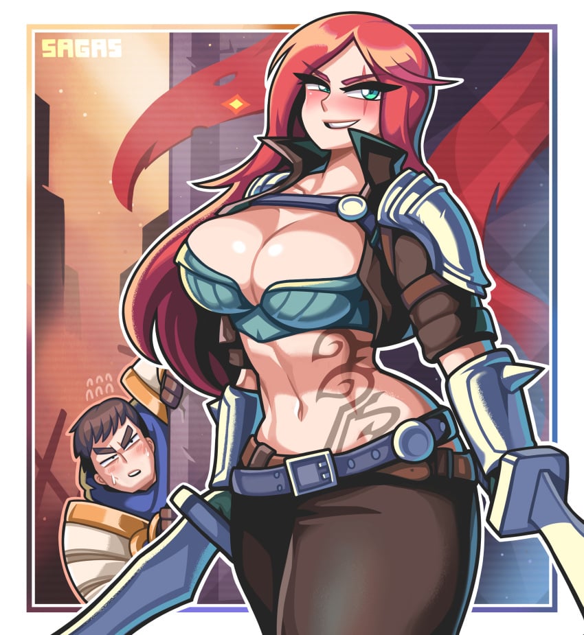 1girls bare_midriff big_breasts blush garen_crownguard huge_breasts katarina_du_couteau league_of_legends sagas tattoo thick thick_thighs thighs