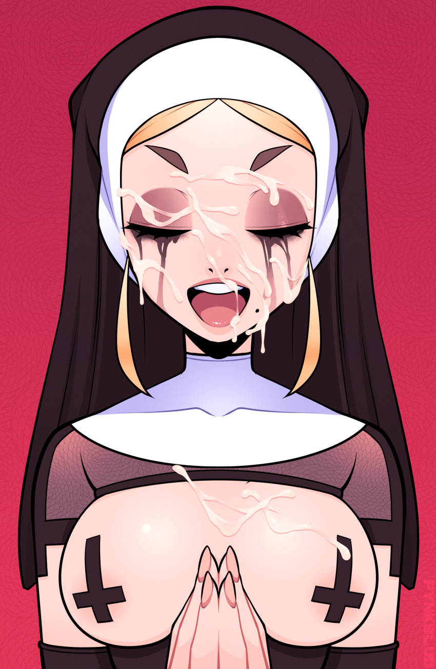 1girls blonde_hair breasts breasts_out closed_eyes covered_nipples cum cum_on_breasts cum_on_face eyeshadow female inverted_cross long_hair makeup mrsteak nun nun's_habit original praying ruined_makeup runny_makeup semen solo