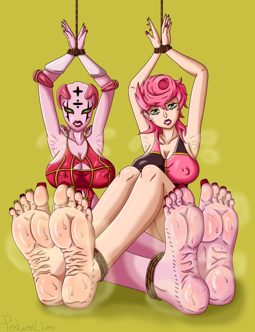 2girls armpit_fetish armpit_wrinkles armpits barefoot big_breasts bound bound_ankles bound_wrists captured feet female female_only foot_fetish foot_focus green_eyes jojo's_bizarre_adventure leotard lipstick long_nails long_nipples nail_polish nipple_bulge pink_hair pink_skin plump_lips poison_lion smell soles spice_girl stand_(jjba) sweat sweaty_armpits sweaty_feet tickling tied_up toenail_polish toes trish_una vento_aureo wrinkled_armpits wrinkled_feet wrinkled_soles