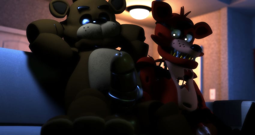 2021 2boys absurdres animatronic anthro anthro_on_anthro anthrofied balls bear black_nose blue_eyes bow_tie bowtie brown_body brown_skin duo erection eye_contact eye_patch five_nights_at_freddy's flaccid flaccid_penis fox foxy_(fnaf) freddy_(fnaf) gay hands_behind_head hi_res hook hookjob looking_at_penis looking_down machine multicolored_body multicolored_skin nsfwfrasty21 penis red_body red_skin robot sharp_teeth sitting sitting_on_sofa two_tone_body two_tone_skin video_games yellow_eyes yiff