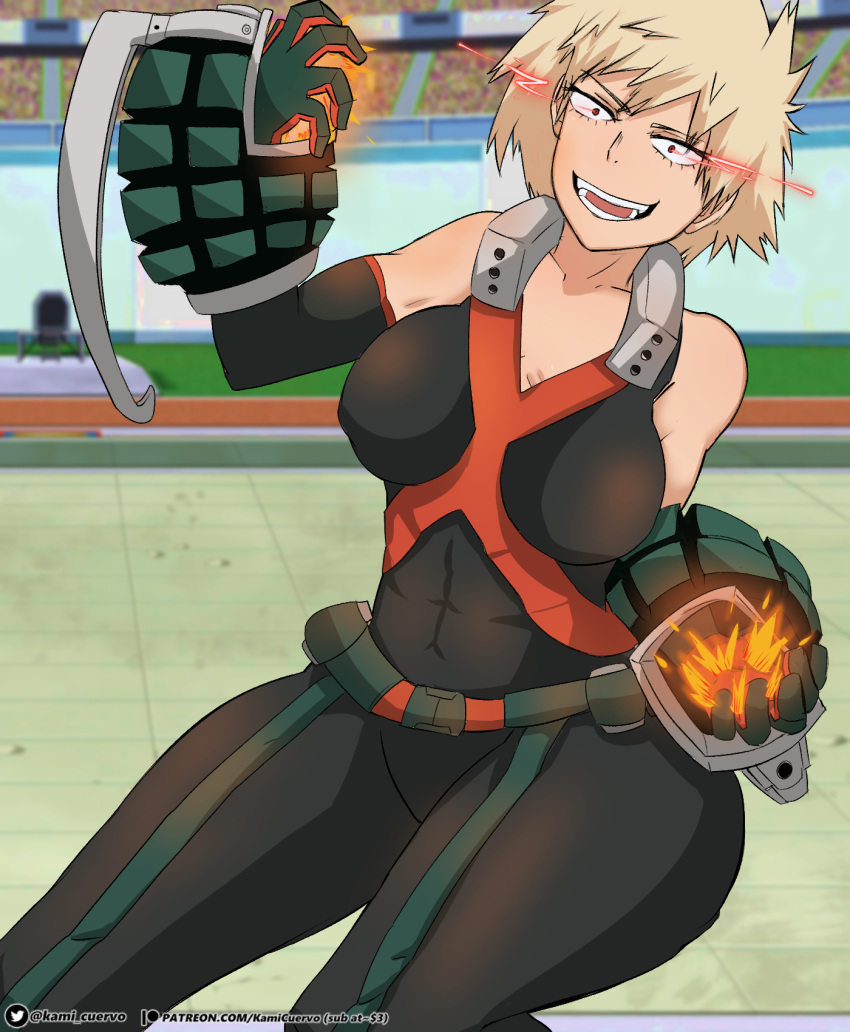 big_breasts explosion explosives fanart female fighting kamicuervodesu katsuki_bakugou_(cosplay) mature_female milf mitsuki_bakugou mother my_hero_academia red_eyes suit tagme