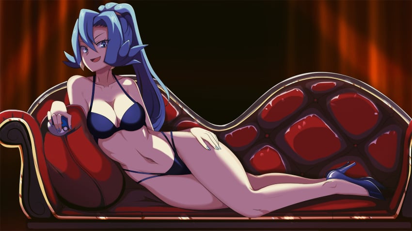 1girls blue_eyes blue_hair blue_nails clair_(pokemon) couch great_ball gym_leader heels leather_couch lingerie medium_breasts nail_polish pokeball pokemon pokemon_gsc ponytail red_couch red_curtains red_pillow seductive vivivoovoo