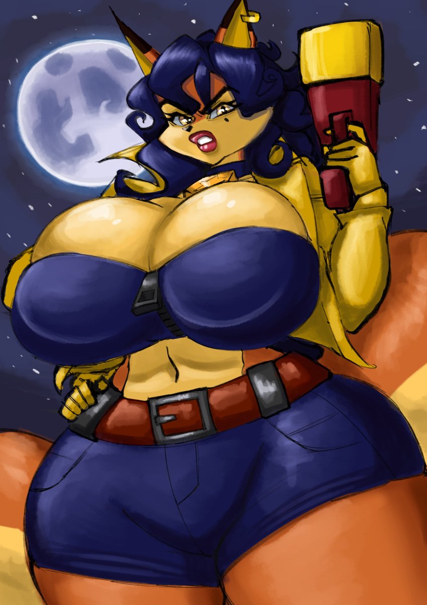 anthro beauty_mark belly_button big_breasts blue_hair breasts candid canine canine_humanoid carmelita_fox choker crop_top curvaceous curvy curvy_female curvy_figure female female_only fox fox_humanoid geebie33 gloves gun huge_breasts large_breasts large_tail leather_jacket lipstick looking_at_viewer mole_under_eye navel orange_hair police police_officer policewoman shock_pistol shorts sly_cooper_(series) smooth_fur sucker sucker_punch_productions tail thick_thighs top_heavy wavy_hair wide_hips yellow_eyes zipper