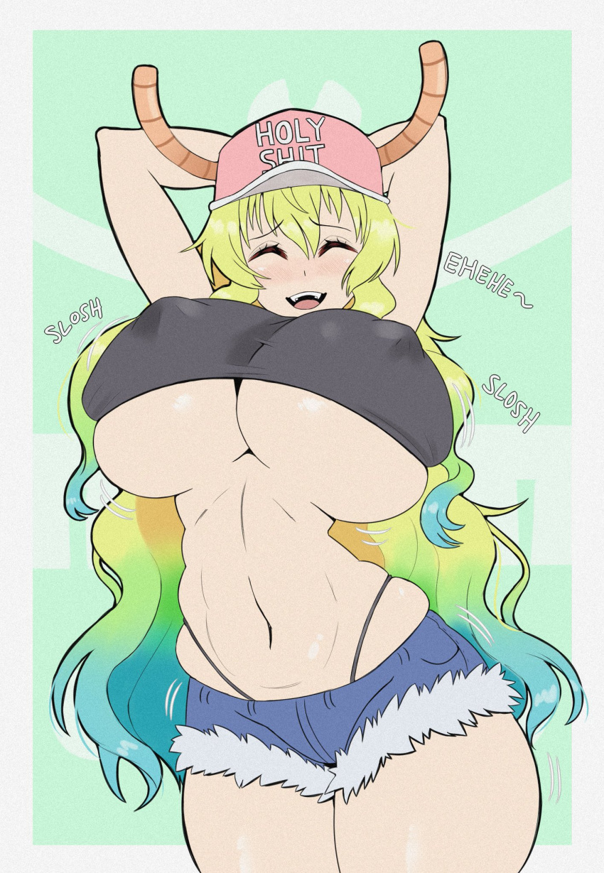 1girls bare_midriff belly_button big_breasts blonde_hair bouncing_breasts breasts bulge closed_eyes duke_wintermaul female female_only horns huge_breasts large_breasts miss_kobayashi's_dragon_maid nipple_bulge onomatopoeia profanity quetzalcoatl_(dragon_maid) shorts slosh sloshing_breasts solo solo_female tagme text_on_headwear thick_thighs thighs toned_female underboob young_savage