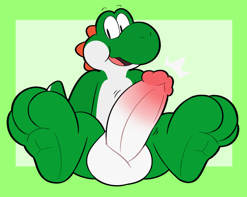 1boy 2020 3_toes absurd_res anthro anthro_only balls big_balls big_penis birdvian black_eyes digital_drawing_(artwork) digital_media_(artwork) erection full_body green_background green_body green_skin hi_res huge_balls huge_cock looking_away male male_only mario_(series) movement_lines multicolored_background multicolored_body multicolored_skin multicolored_tail nintendo open_mouth penis short_tail simple_background sitting smile smiling solo solo_male tail testicles tongue two_tone_background two_tone_body two_tone_skin two_tone_tail white_body white_skin yoshi