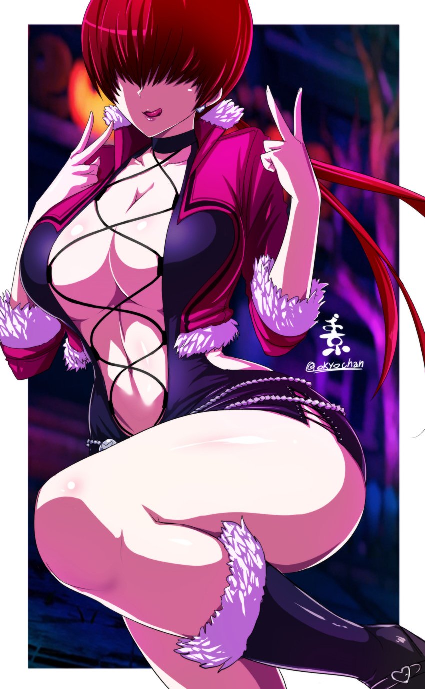 1girls blurry_background bolero boots cleavage double_peace_sign dress female female_only hair_between_eyes highres king_of_fighters leg_up licking_lips looking_at_viewer medium_hair okyou peace_sign red_hair shermie_(kof) snk solo solo_focus thick_thighs