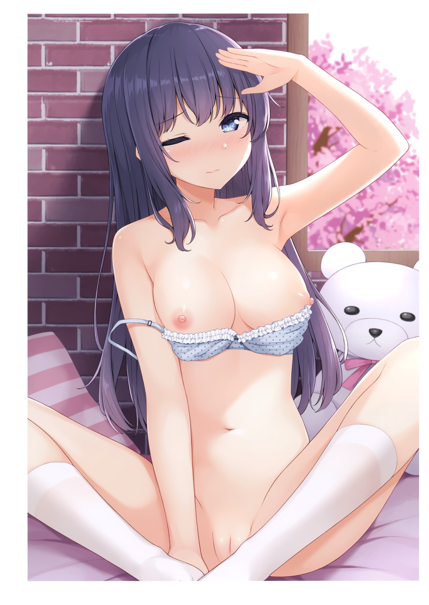 absurdres arm_up armpits bangs bare_arms bare_shoulders black_hair blue_bra blue_eyes blush bottomless bra breasts cleavage closed_mouth collarbone eyebrows_visible_through_hair female groin hair_between_eyes highres karutamo long_hair looking_at_viewer medium_breasts melonbooks navel nipples no_panties non-web_source one_eye_closed original polka_dot polka_dot_bra pussy rakugaki-chan scan sitting socks solo stomach thighs underwear white_legwear