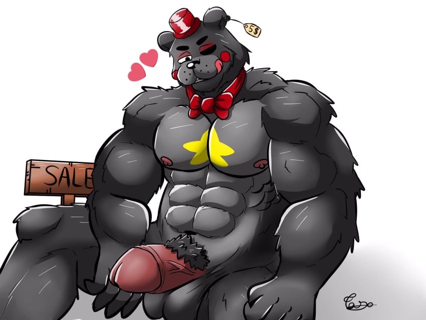 18sweettomato 1boy 1male 2_hearts 5_dollars anthro anthro_only balls bara belly_button black_body black_eyes black_fur black_nose black_skin bow_tie bowtie english_text erection five_nights_at_freddy's freddy_fazbear's_pizzeria_simulator gay grey_body grey_skin half-closed_eyes hat headgear headwear heart lefty_(fnaf) looking_at_penis male male_only muscles muscular muscular_male nipples penis sale sharp_teeth star text tongue tongue_out video_games