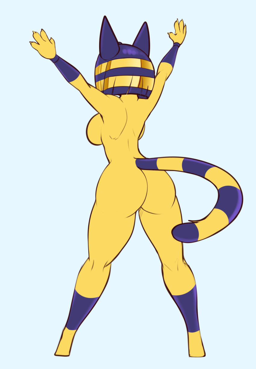 absurd_res animal_crossing ankha anthro back_boob breasts domestic_cat felid feline felis female hi_res mammal nintendo nude raised_arms rear_view scorpdk solo striped_tail stripes video_games