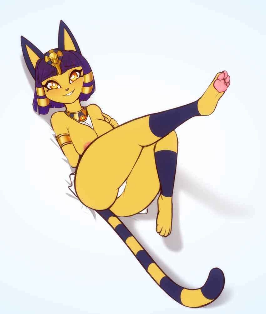 animal_crossing ankha anthro areola blush breasts clothing domestic_cat felid feline felis female hi_res looking_at_viewer lying mammal nintendo panties panty_shot pawpads scorpdk solo underwear video_games