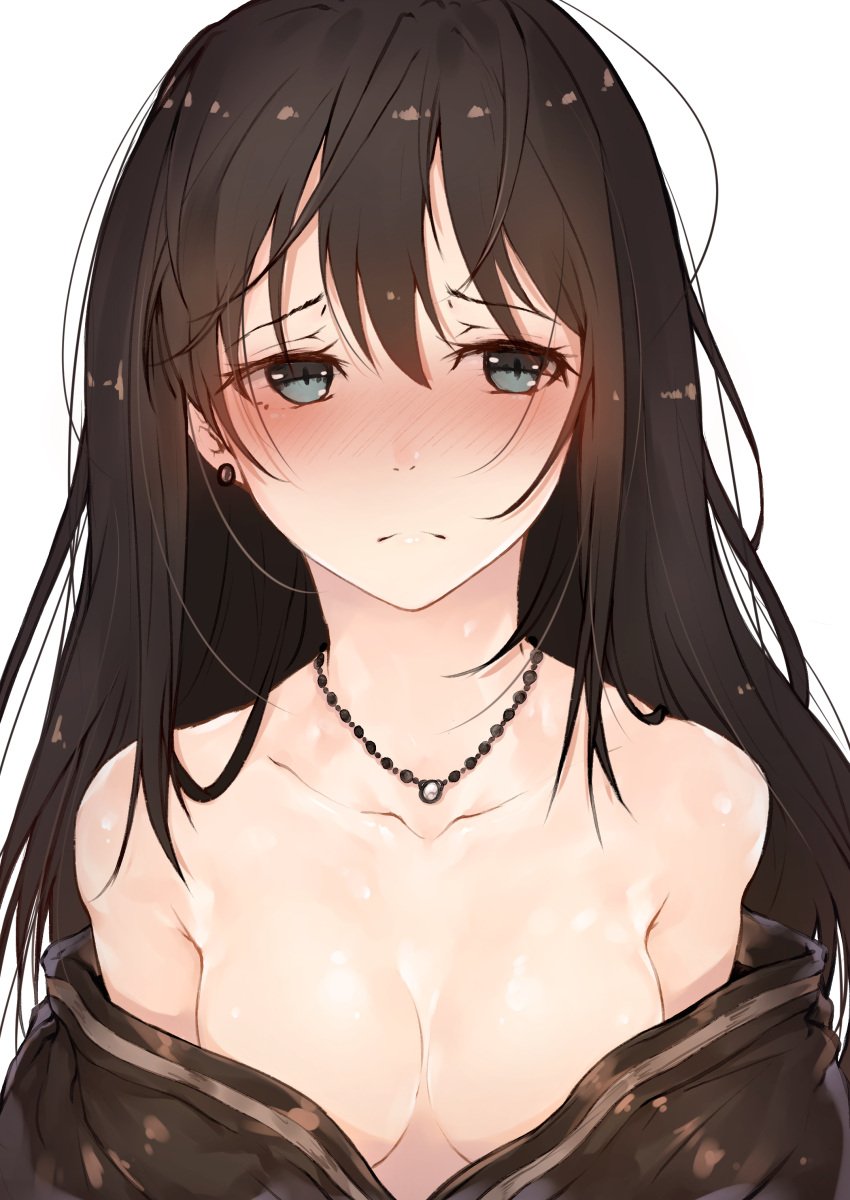 bare_shoulders blue_eyes blush breasts brown_hair cardigan cleavage earrings female female female_only full-face_blush green_eyes high_resolution hplay idolmaster idolmaster_cinderella_girls jewelry long_hair looking_at_viewer looking_away low_neckline medium_breasts necklace no_bra off_shoulder open_clothes open_shirt school_uniform shibuya_rin shirt sketch small_breasts solo tagme uniform upper_body very_high_resolution