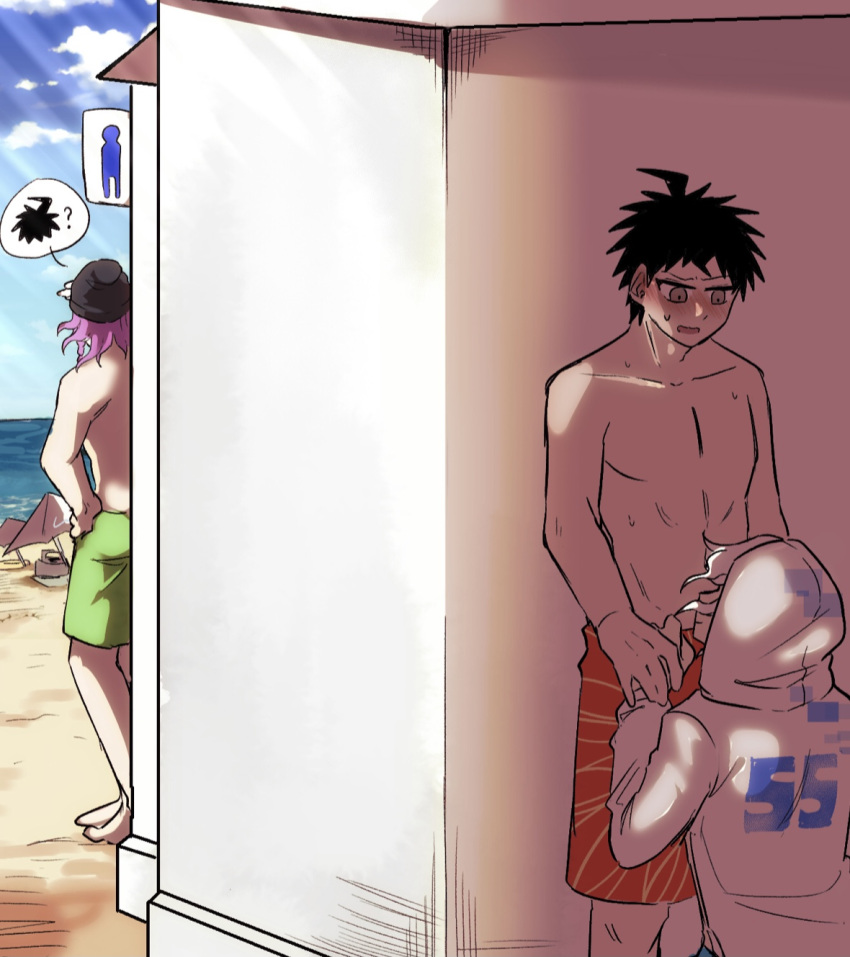 3boys beach blush clothing danganronpa danganronpa_s:_ultimate_summer_camp gay hiding hinata_hajime hoodie jacket kazuichi_souda male male/male male_only nagito_komaeda outdoors outside public smallix smooth_skin yaoi