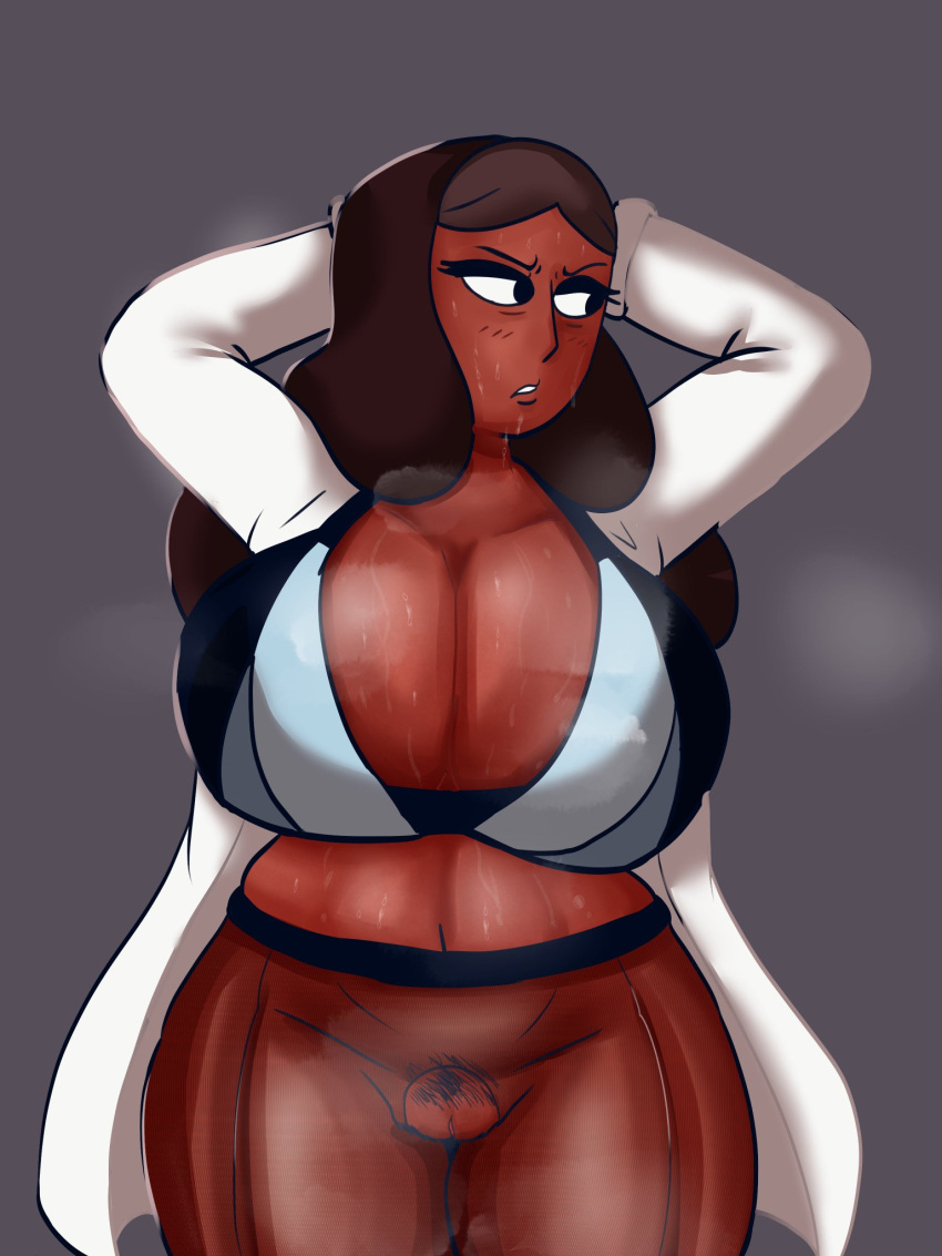 1girls arms_up bra breasts brown_hair cleavage clothing coat dark-skinned_female dark_skin doctor hands_behind_head huge_breasts lab_coat labcoat looking_away milf navel pantyhose priyanka_maheswaran pubic_hair pussy simple_background standing steven_universe sweat thick_thighs tool01k voluptuous