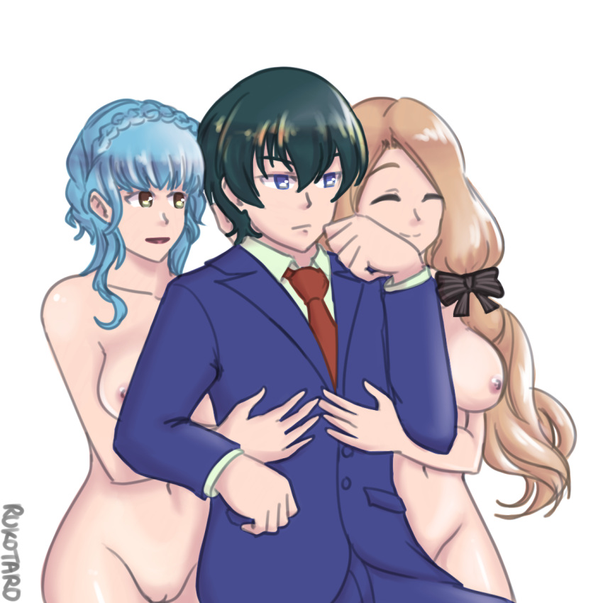 1boy 2girls blonde_hair blue_hair brown_eyes byleth_(fire_emblem) byleth_(fire_emblem)_(male) clothed_male_nude_female completely_nude eyes_closed female fire_emblem fire_emblem:_three_houses hair_over_shoulder light_blue_hair long_hair male marianne_von_edmund medium_breasts medium_hair meme mercedes_von_martritz navel nintendo nipples nude nude_female open_mouth open_smile parody pussy rukotaro servants_holding_aphrodite's_breasts_(meme) side_ponytail smile suit white_background