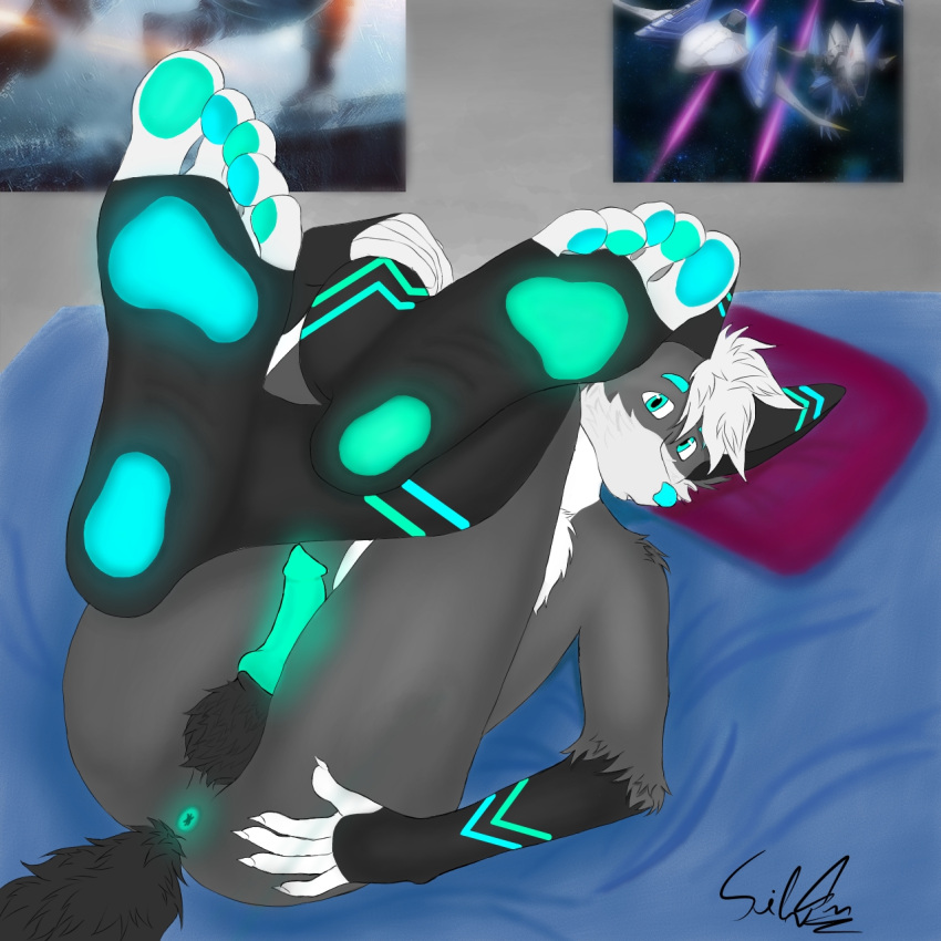 1:1 anthro bedroom bioluminescence canid canine feet foot_fetish foot_focus fox fur genitals glowing glowing_genitalia glowing_markings glowing_penis grey_body grey_fur hi_res hindpaw humanoid logan_silver logansilver male male/male mammal markings pawpads paws penis raised_paw red_fox silver_fox solo solo_focus