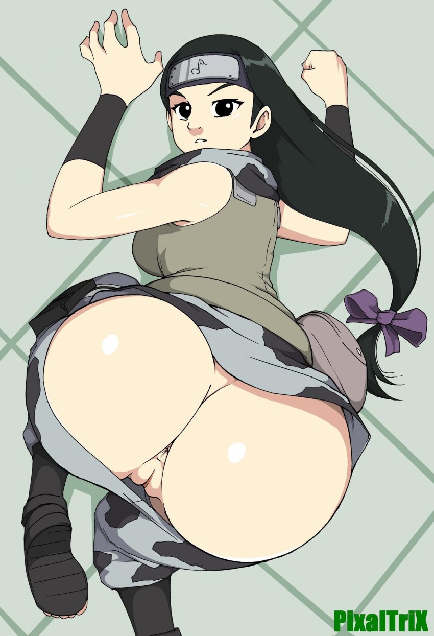 1girls anus ass big_ass black_eyes black_hair boots bubble_butt clean dat_ass edit female female_only forehead_protector hand_on_ground headband high_resolution highres human human_only kin_tsuchi long_hair long_ponytail looking_at_viewer looking_up naruto naruto_(classic) naruto_(series) on_ground panties_down pixaltrix ponytail presenting_anus presenting_ass presenting_hindquarters solo solo_female vagina