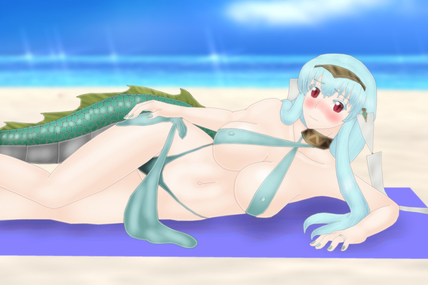 1girls alternate_costume bare_legs bare_shoulders beach bikini blue_bikini blue_hair blue_swimsuit blush covered_nipples dragon_tail fire_emblem fire_emblem:_the_blazing_blade green_nails itsukiru large_breasts light_blue_hair nail_polish ninian_(fire_emblem) nintendo nipple_bulge ocean on_side red_eyes sarong shy_smile sideboob slit_pupils smile solo solo_female swimsuit tail towel