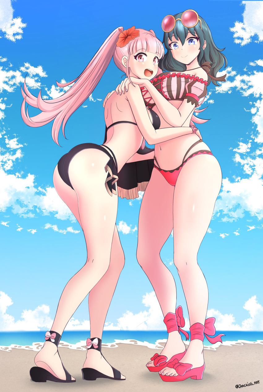 2girls alternate_costume ass back beach big_ass bikini black_bikini black_sandals black_swimsuit blue_eyes blue_hair breasts byleth_(fire_emblem) byleth_(fire_emblem)_(female) byleth_(fire_emblem)_(female)_(cosplay) byleth_(summer)_(fire_emblem)_(female) cape clouds cosplay costume_switch eyewear_on_head female female_only fire_emblem fire_emblem:_three_houses fire_emblem_heroes flower flower_in_hair from_below hand_on_another's_shoulder heels hilda_valentine_goneril hilda_valentine_goneril_(cosplay) hilda_valentine_goneril_(summer) hug jarckius large_breasts layered_bikini layered_swimsuit light-skinned_female light_skin long_hair looking_at_viewer looking_down medium_hair midriff navel nintendo ocean open_mouth outdoors outfit_swap pink_bikini pink_eyes pink_hair pink_sandals pink_swimsuit sand sandals sky sunglasses sunglasses_on_head swimsuit teal_hair twintails water