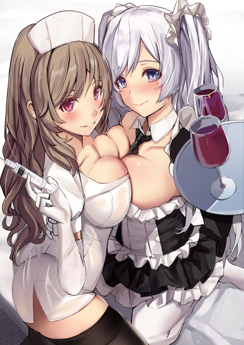 2girls alcohol aqua_eyes aqua_hair bed bedroom blush breast_press breasts brown_eyes brown_hair female female_only gloves hi_res high_resolution highres injection large_breasts maid maid_outfit maid_uniform nurse nurse_outfit nurse_uniform original thighs untsue wine wine_glass