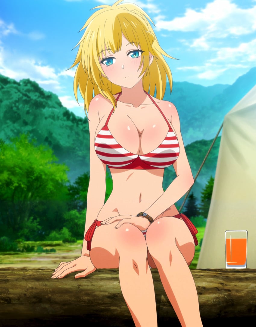 1girls banished_from_the_hero's_party_i_decided_to_live_a_quiet_life_in_the_countryside big_breasts bikini blonde_hair blue_eyes breasts female female_only rit rizlet_loggervia screencap shin_no_nakama_ja_nai_to_yuusha_no_party_wo_oidasareta_node,_henkyou_de_slow_life_suru_koto_ni_shimashita solo stitched striped_bikini