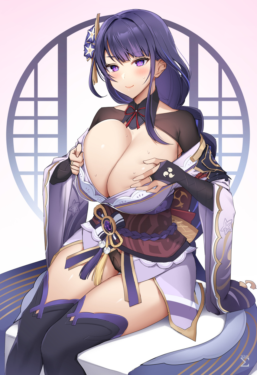 1girls absurd_res blush breast_grab breasts busty clothing female genshin_impact hi_res huge_breasts japanese japanese_clothes kimono purple_eyes purple_hair raiden_shogun sigma_2018 smile sweat thighhighs