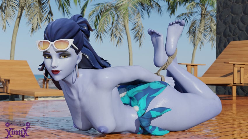 1girls 3d bondage breasts eyewear_on_head hogtied overwatch sunglasses sunglasses_on_head vinny_arts widowmaker