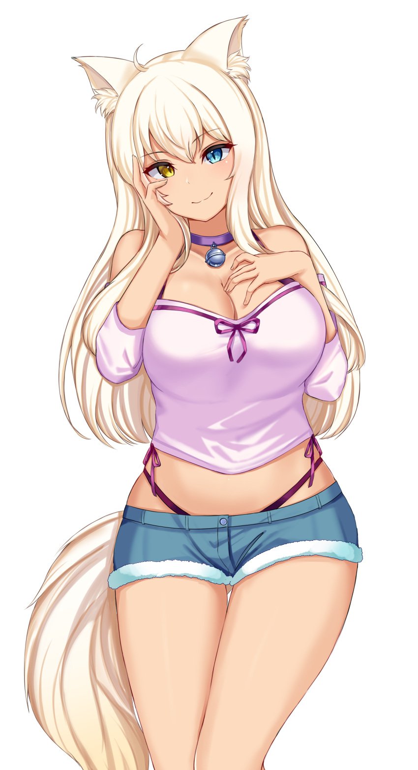 1girls amber_eye amber_eyes animal_ear animal_ear_fluff animal_ears big_breasts blonde_ears blonde_hair blonde_tail blue_eye blue_eyes breasts cat_ears cat_girl cat_tail catgirl choker cleavage coconut_(sayori) collar cutoffs denim denim_clothing denim_shorts embarrassed female female_only hair heterochromia inner_ear_fluff jingle_bell large_breasts looking_at_viewer micro_shorts neko nekomimi nekopara no_bra no_bra_under_clothes panties pink_shirt purple_panties shorts simple_background solo tail thick thick_thighs underwear yellow_eye yellow_eyes