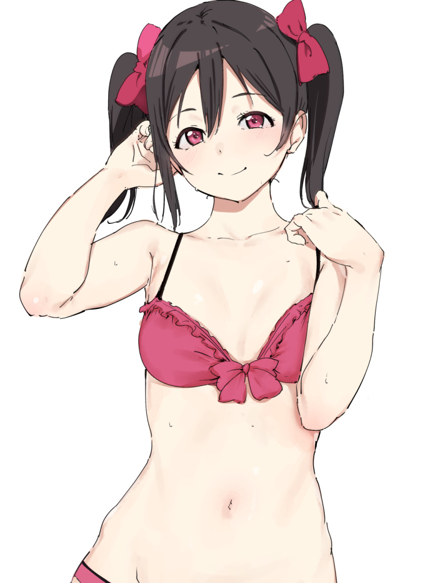 1girls alp armpits belly_button black_hair bow_tie bra breasts collarbone hair_between_eyes love_live! love_live!_school_idol_project panties red_eyes small_breasts sweat sweaty twintails yazawa_nico