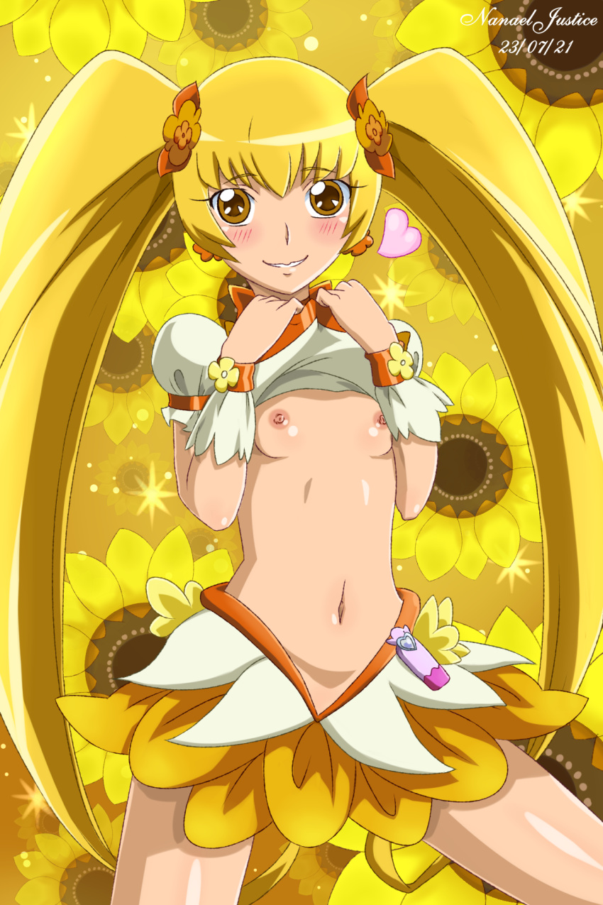 2021 areolae belly_button blonde_hair blush clothing cure_sunshine flat_chest heartcatch_precure! magical_girl myoudouin_itsuki nanaeljustice nipples precure pretty_cure shirt shirt_lift skirt solo yellow_theme