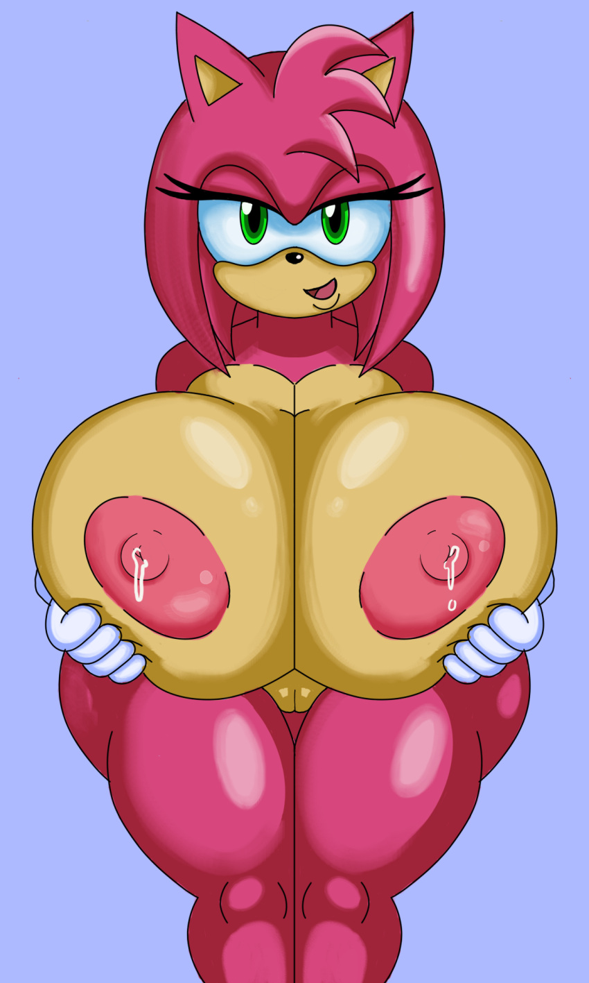 3:5 amy_rose anthro areola big_areola big_breasts big_nipples bodily_fluids breast_grab breasts eulipotyphlan female fur green_eyes half-closed_eyes hand_on_breast hedgehog hi_res huge_breasts lactating mammal narrowed_eyes nipples pink_body pink_fur seductive sega shortstack solo sonic_(series) theshamelessfreak thick_thighs video_games wide_hips