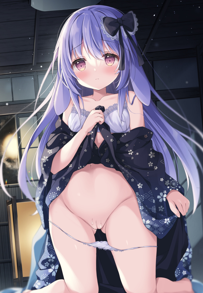 blue_hair blush looking_at_viewer satsuki_yukimi small_breasts tagme underwear upskirt wet_pussy white_panties