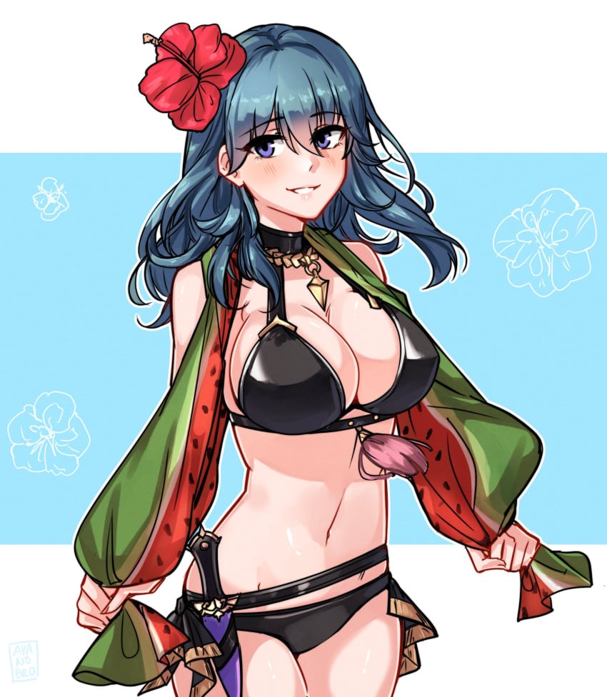 1girls abby_(ayanobro) alternate_costume ayanobro bikini black_bikini black_swimsuit blue_eyes blue_hair breasts byleth_(fire_emblem) byleth_(fire_emblem)_(female) byleth_(summer)_(fire_emblem)_(female) cleavage dagger female fire_emblem fire_emblem:_three_houses fire_emblem_heroes flower food fruit hair_flower hair_ornament highres jewelry knife large_breasts necklace nintendo smile solo swimsuit teal_hair towel watermelon weapon