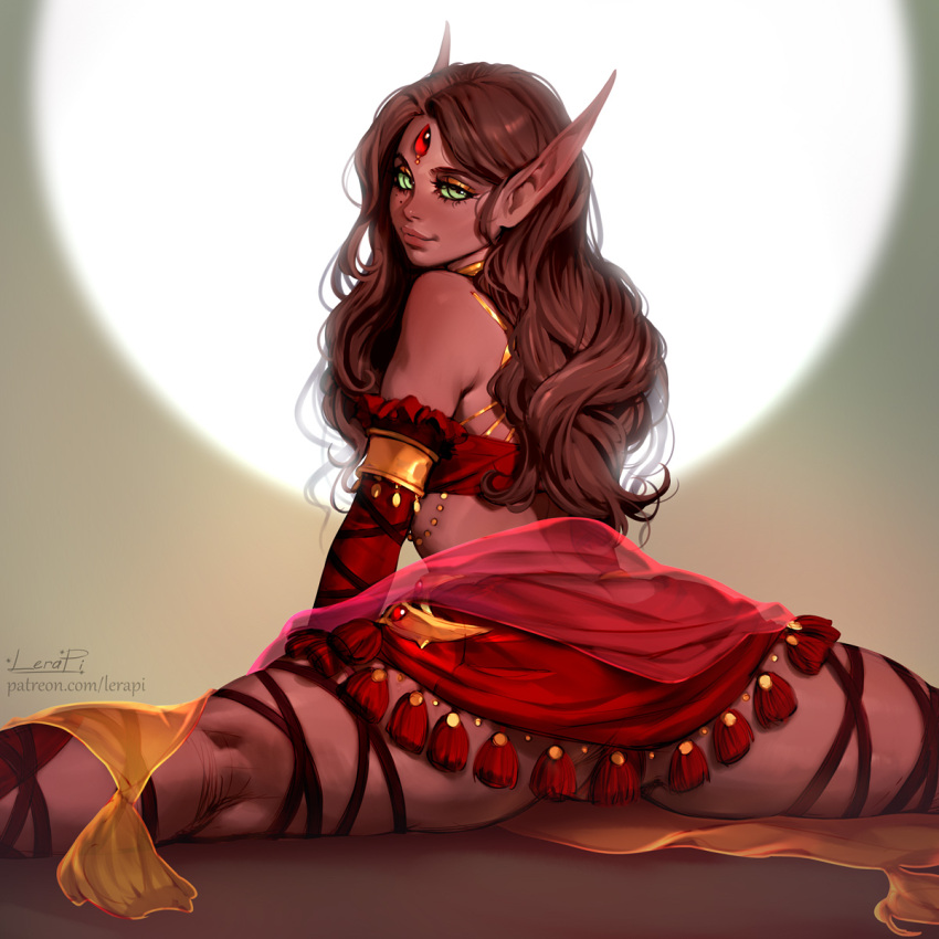 1girls aleriia_v ass big_ass blizzard_entertainment blood_elf brown_background evelynn_cinderflame_(solinii) female female_focus female_only green_eyes lerapi long_hair looking_at_viewer looking_back original original_character red_body red_hair red_skin solo spread_legs thick_thighs thighs warcraft world_of_warcraft