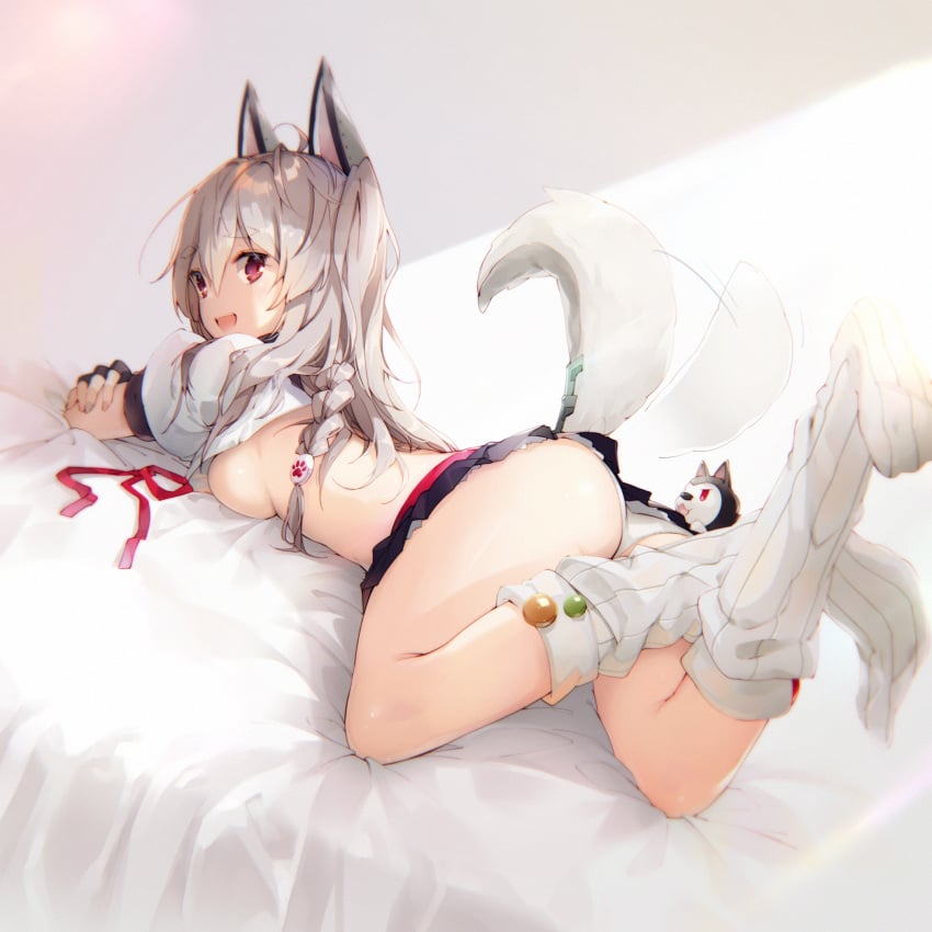 1:1_aspect_ratio animal_ears ass azur_lane bed black_skirt braid breasts clothes_pull dog_tail feet female female fingernails high_resolution inumimi large_filesize legs legs_up long_hair looking_at_viewer looking_back lying medium_breasts miniskirt mizuya nail_polish no_bra no_shoes on_bed on_stomach pantsu pleated_skirt red_eyes school_uniform shirt shirt_lift shirt_pull silver_hair skirt smile socks solo tagme tail tail_wagging tied_hair underboob underwear very_high_resolution white_hair white_legwear white_panties white_underwear yatsuha_(hachiyoh) yuudachi_(azur_lane)