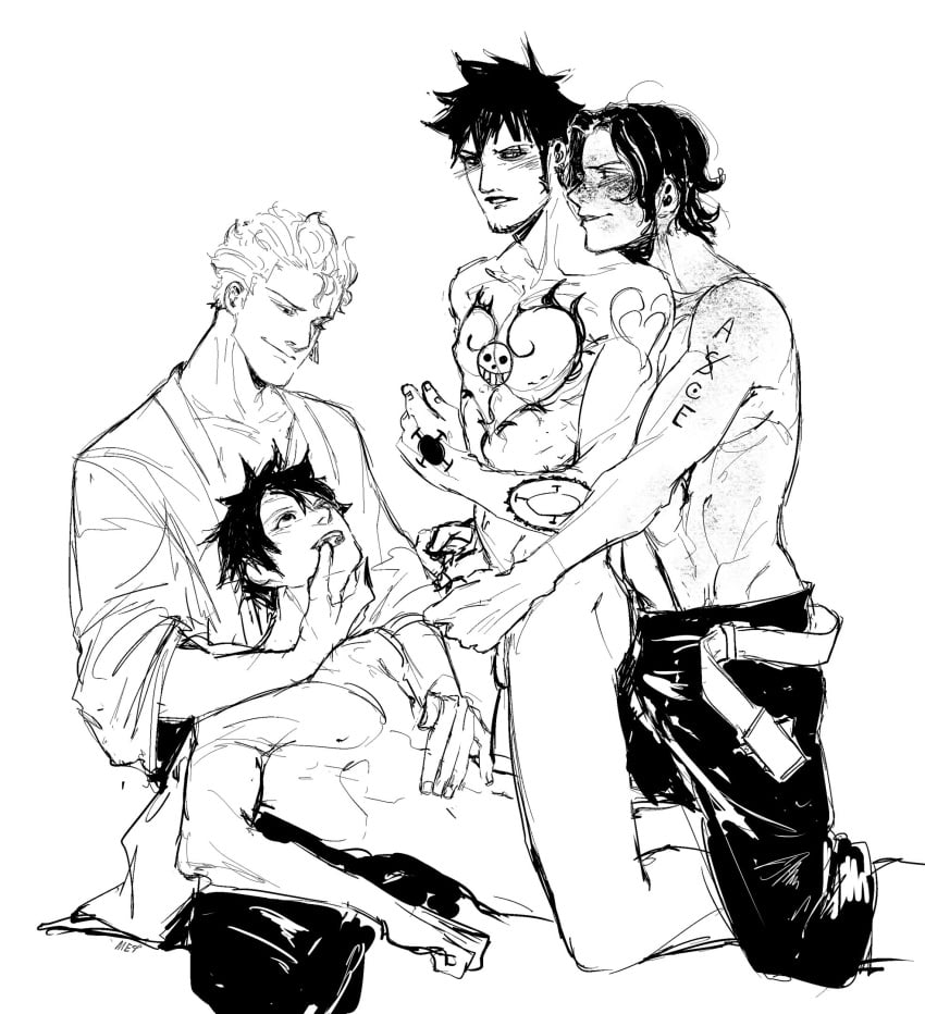 dark_hair earrings gay gay_orgy male_on_male male_only monkey_d_luffy one_piece portgas_d_ace roronoa_zoro tattoos trafalgar_law yaoi