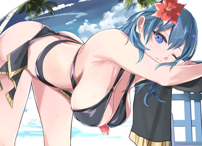 1girls alternate_costume arm_rest bangs beach_towel bent_over big_breasts bikini black_bikini black_swimsuit blue_eyes blue_hair breasts byleth_(fire_emblem) byleth_(fire_emblem)_(female) byleth_(summer)_(fire_emblem)_(female) cleavage closed_mouth cloud cloudy_sky eyebrows_visible_through_hair female fire_emblem fire_emblem:_three_houses fire_emblem_heroes flower hair_flower hair_ornament hanging_breasts hibiscus large_breasts long_hair nintendo one_eye_closed palm_tree sky solo swimsuit tomas_(kaosu22) towel tree